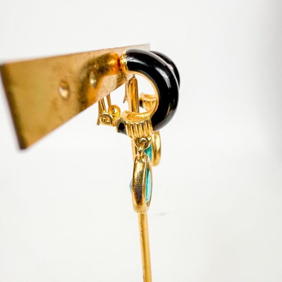 Swarovski Gold Tone Black Enamel Teal Teardrop Crystal Clip on Earrings - Picture 3 of 4